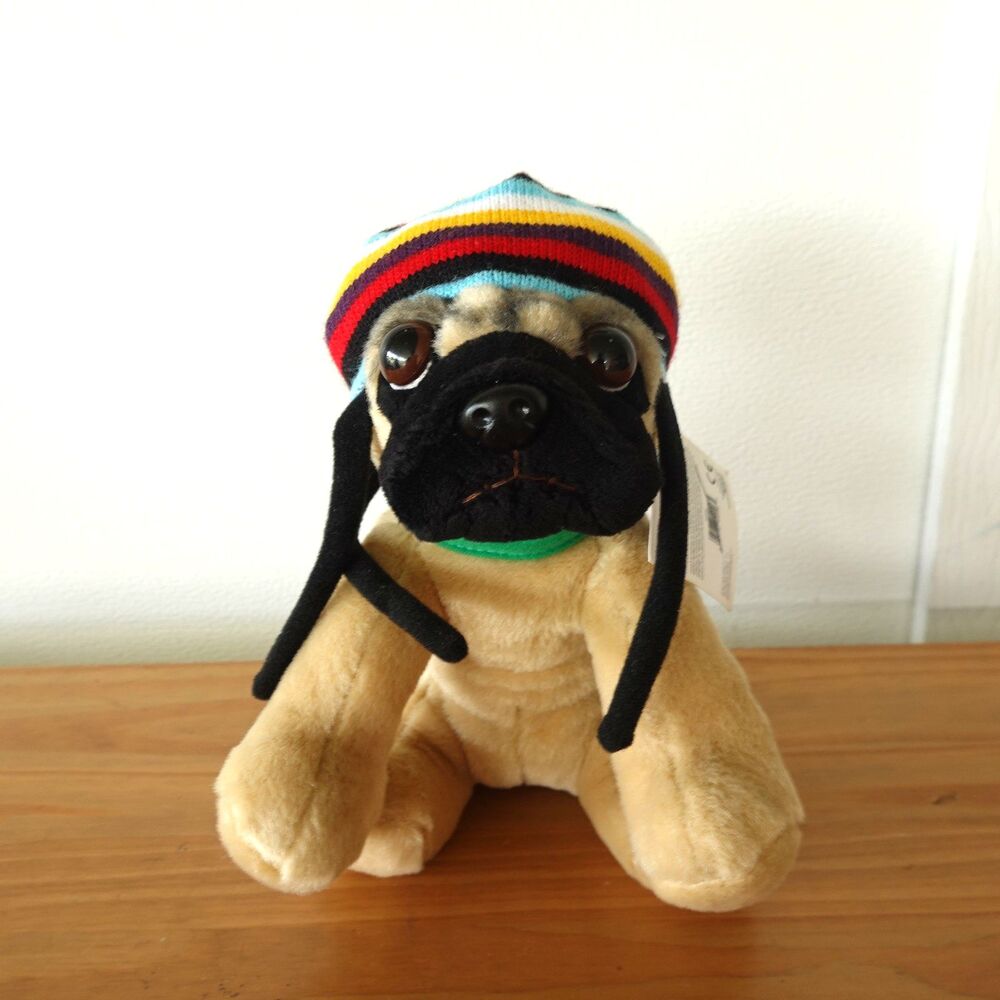 Doug The Pug Plush In Rastafarian Hat Dreadlocks Dog Pug Fawn Black